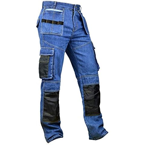 Men Denim Workwear Pants Utility Cargo Work Trousers Cordura Knee Reinforcement with Holster Pocketsr Lt-Blue 38-32 Cover
