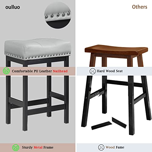 Oulluo Black Bar Stools Set Of 2, 24" Counter Height Bar Stools, Pu Leather Bar Stools For Kitchen Counter, Modern Metal Base Padded Saddle Barstool With Nailhead Trim Stools For Island,Grey,918Gb #TOP5