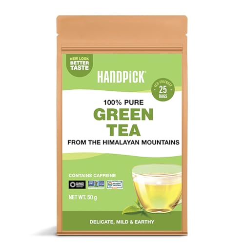 HANDPICK, Tè Verde (25 Bustine Rotonde Eco-Friendly) | Tè Verde Premium dell’Himalaya | 100% Puro, Non OGM, Senza Glutine | Gusto Delicato e Terroso per Infusi Caldi e Freddi