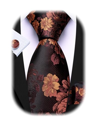 Image of Barry.Wang Flower Ties for Men Silk Woven Floral Tie Sets Necktie Handkerchief Cufflinks Wedding Party