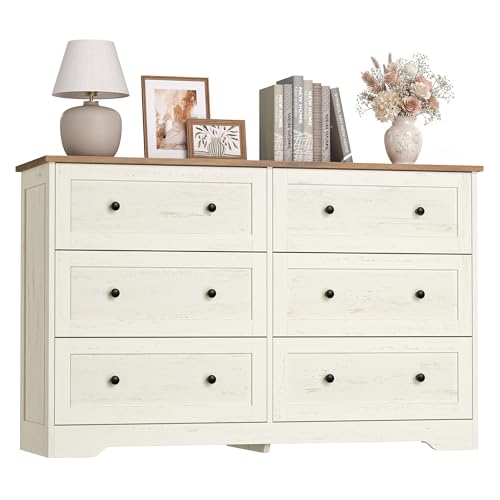 VASAGLE Siren Colección - Cajonera, Cómoda con Cajones, Estilo Rústico, Organizador Versátil, 6 Cajones, 40 x 120 x 78 cm, Blanco Rústico y Marrón Miel LTS663WJ01