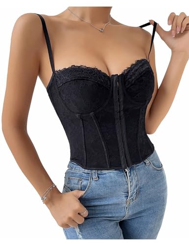 HUXRAKV Corsé para Mujer Corpiño de de Encaje Frente Abierto Bustiers con Tirantes Fiesta de Halloween Novedades Noche Club,A-Negro,L