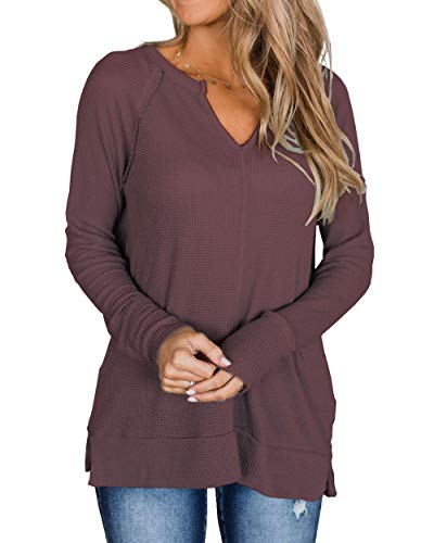 Herilios Women's Long Sleeve Waffle Knit Tunic Tops Casual V Neck Shirts Loose Fit Pullovers Burgundy