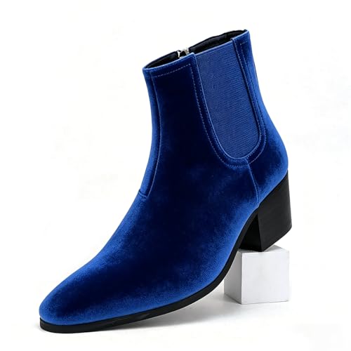 Image of Men'S Classic Leather Chunky Heel Chelsea Boots With Side Zipper Fashion Pointed Toe Elastic Band High Top Block High Heel Formal Chukka Booties For Casual Business Party Wedding