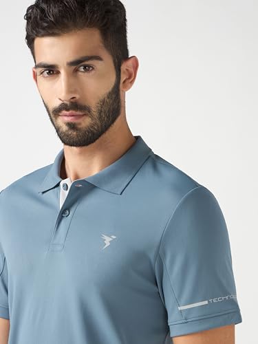 Image of TECHNOSPORT Men's Solid Slim Fit Polo Collar T-Shirt TECHNOCOOL+ Half Sleeve Button Polyester for Gym Running Workout UPF50+ Anti Odour