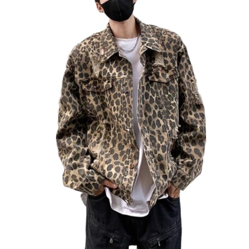 Mens Teen Boys Leopard Printed Jean Jacket Distressed Ripped Long Sleeve Cowboy Denim Jacket Coats Fall Outwear