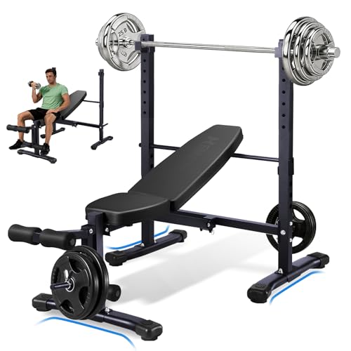 HEMERIS Weight Bench Set with Leg Extension/Curl 1000LBS Folding & Adjustable Bench press Set with 8-Level Barbell Rack Flat/Incline/Decline Full Body weight benches for home gym(Black)