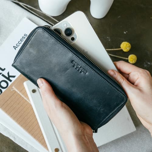 Image of BERLINER BAGS Genuine Leather Zip Wallet Women Margo, Gift Box - Dark Grey | Soft Leather Zip Around Wallet, Fit up to Phone 6.9 inch, 12 Card Slots, 1 ID Window, 1 Coin Pocket, RFID Blocking