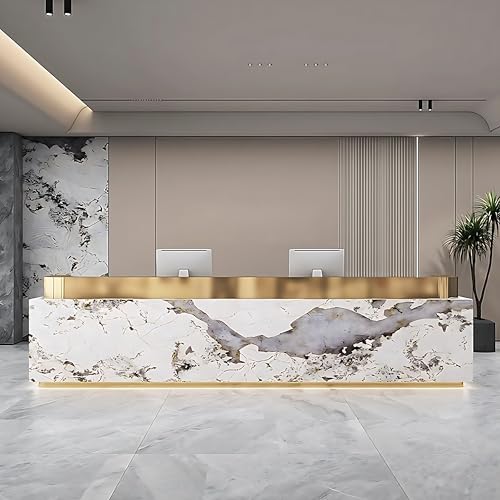 Escritorio de recepción con superficie de mármol, mesa de negociación, tiras de luz LED, no requiere instalación