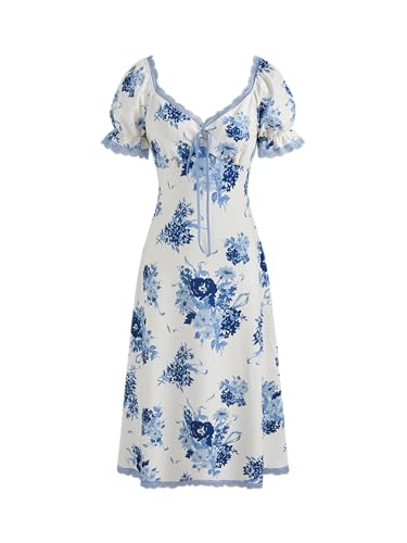 CIDER Summer Dresses Floral Dress V-Neck Midi Dress Strawberry Graphic Lace Trim Slim Fit Midi Dress for Women