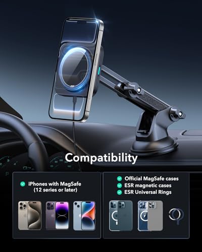 Image of ESR for 15W MagSafe Car Mount Charger, for MagSafe Car Charger, Suction Cup Magnetic Wireless Car Charging, Dashboard Car Phone Mount for iPhone 17e /17 /16 /15 /14 /13 /12, S26 /S25, Pixel 10, Fast Charging