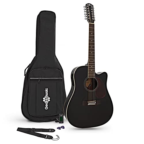 Kit de guitare électro-acoustique 12 cordes par Gear4music Noir avec Sac de Concert - Les Beatles, Paul McCartney, John Lennon, RIngo Starr, George Harrison Kit de guitare électro-acoustique 12 cordes par Gear4music Noir avec Sac de Concert