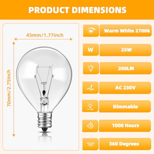 Liuyife 2 Pack E12 Wax Warmer Bulbs Dimmable, Warm White 2700K, Globe G45 45mm Scentsy Light Bulb 230V, E12 Base Wax Burner Bulbs for Burner, Full Size Warmer, String Light