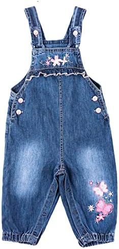 ZL MAGIC Baby & Little Girls Embroidery Soft Bib Denim Overalls Washed Jumpsuits Jeans (6-9 Months, Butterfly & Flower 02)