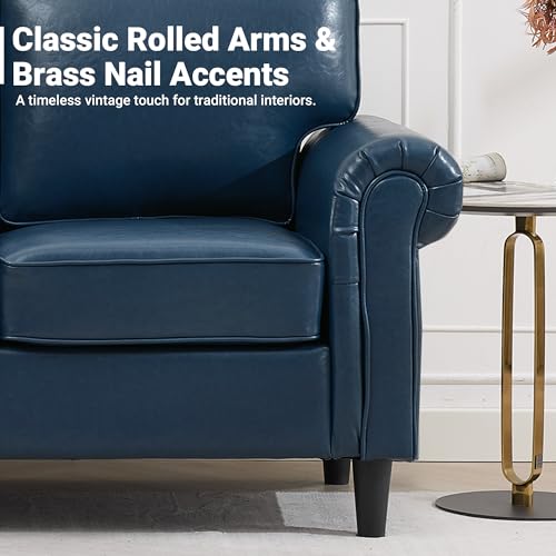Image of Kingfun Loveseat 2 Seater Couch, Mid Century Modern Faux Leather Sofa with Rolled Arms and Deep Seats, Fluffy Comfort for Living Room, Apartment, Easy Assembly, Blue