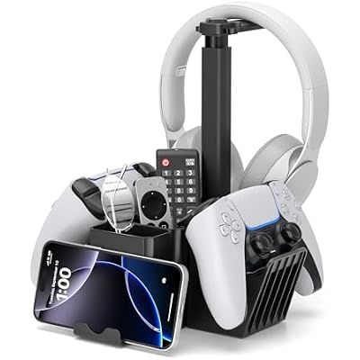 KDD Dual Controller Holder with Headphone Stand - Multi-Functional Desk Storage Accessories Box with Phone Holder - Controller Headset Stand with Desktop Organizer for Remote Control Black