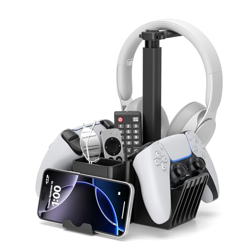 KDD Dual Controller Holder with Headphone Stand – Multi-Functional Desk Storage Box with Phone Holder – Universal Controller Stand with Desktop Organizer for Remote Control Pen Accessories