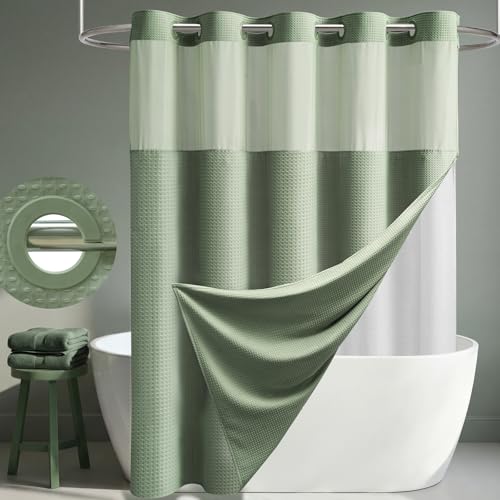 Dynamene Sage Green Hook Free Shower Curtain & Snap in Fabric Liner with Magnets, Waffle Weave Shower Curtains for Bathroom, Mesh Window, Less Time 3 in 1 Shower Curtain and Liner Set, 72" W x 75" L