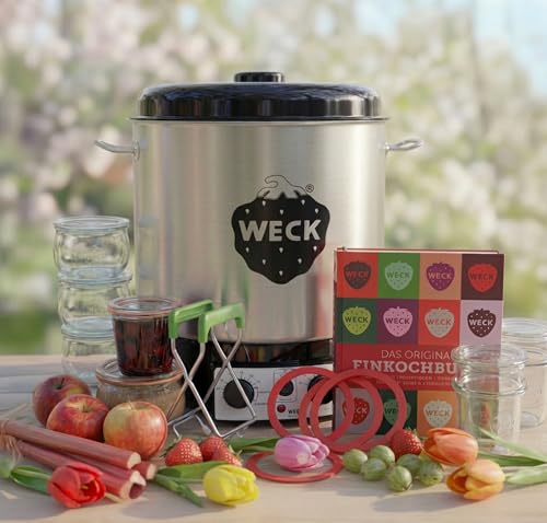 WECK Einkochautomat Master-Set mit WAT25-A Einkochvollautomat Ablaufhahn & Synchron-Zeitschaltuhr inkl. 18 WECK Gläser Einkochbuch Glasheber Ringe & Klammern zum Einkochen Entsaften Warmhalten