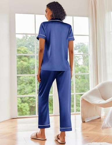 Image of Ekouaer 2 Piece Satin Short Sleeve Pajamas Set Button Down Sleepwear | Soft Pjs Set Classic Loungewear for Wedding, Party, Home, Daily Wear, Date Nights