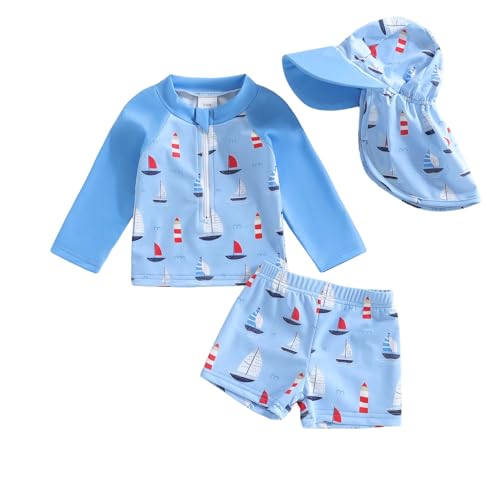 Hnyenmcko Toddler Baby Boys Swim Set Long Sleeve Rashguard Swimsuit Shirt Trunks Infant Bathing Suit Swimwear with Hat (100% Polyester-Blue 0-6 Months)