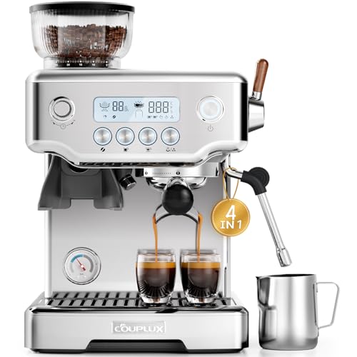 COUPLUX Espresso Machine with Grinder, 5-Temperature (190~205℉) Professional Espresso Machine 58MM with Powerful Milk Frother 15 Bar Expresso Coffee Machines for Espresso Americano Cappuccino & Latte