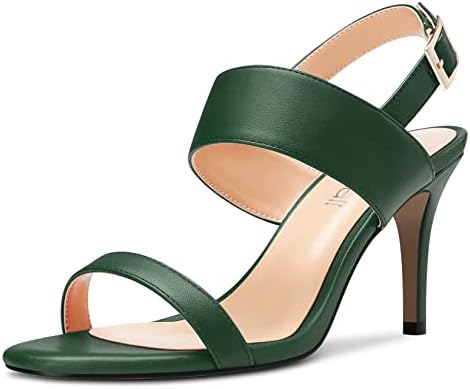 Usikall Women Mid Heel Peep Open Square Toe Sandals Ankle Strap Two-Piece Buckle Prom Party Basic Classic 3.2 Inches Heels Dark Green 12.5 M US