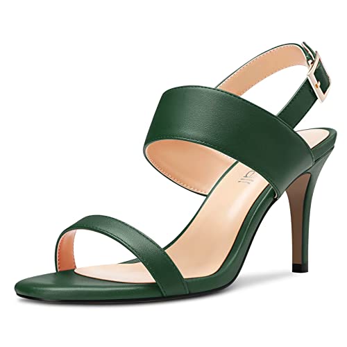 Usikall Women Mid Heel Peep Open Square Toe Sandals Ankle Strap Two-Piece Buckle Prom Party Basic Classic 3.2 Inches Heels Dark Green 12.5 M Us #TOP1