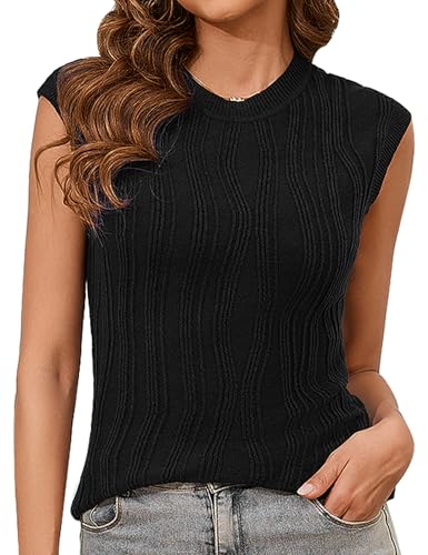 Totatuit Jerséis Punto para Mujer Cuello Redondo Manga Corta Jersey Sólido Suéter Elegante Blusa Stretchy Casual Pullover Negro L