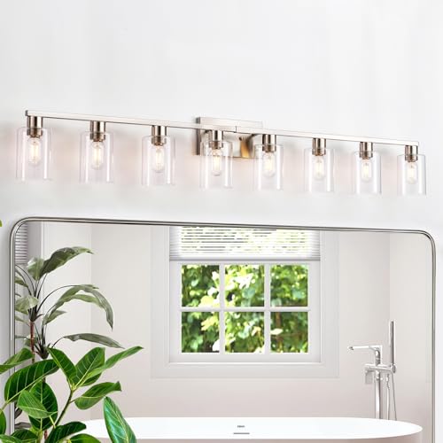 8-Light Brushed Nickel Vanity Light Fixtures Modern Large Bathroom Light Fixtures Wiht Clear Glass ShadeRust and Moisture Resistant Easy to Install Vanity Lights for bathroom lights over mirror