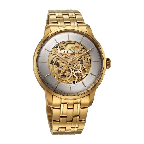 Titan Golden Heart Skeletal Automatic Analog with Silver Dial Yellow Gold Stainless Steel Strap Watch for Men - 90110YM01