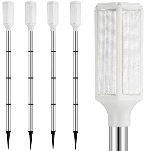 Macarrie 4 Pcs Solar Powered Driveway Markers Reflective Lights Driveway Reflectors on Poles for Snow Road Outdoor Yard Entrance (White)