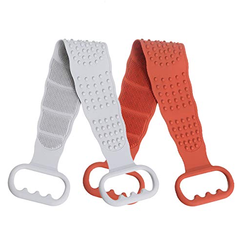 VIVID TREE Silicone Back Scrubber for Shower, Silicone Bath Body Brush for Men Women, Comfortable Double Side Bath Brush for Easy to Clean(Gray+Red?with 2 Pack Hooks)