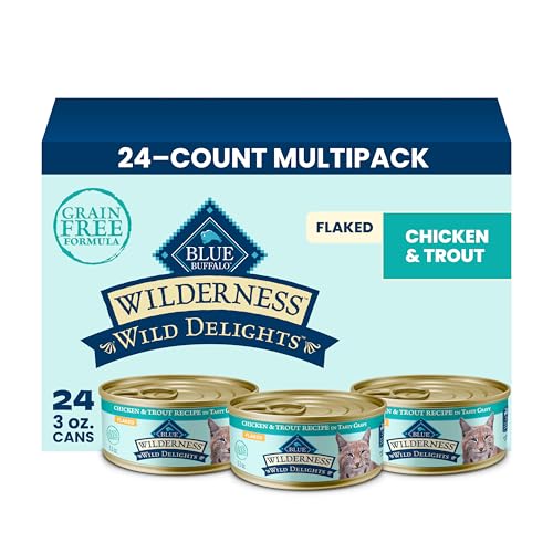 Image of Blue Buffalo Wilderness Chicken & Trout Adult Wet Cat Food, 5.5 oz, 24 ct | Wild Delights Minced in Tasty Gravy, High Protein & Grain-Free Recipe, Supports Energy for an Active Life