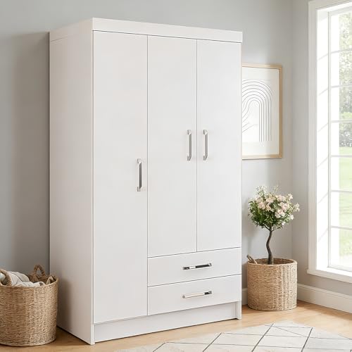Listado de Closet de Madera Coppel comprados en linea. 43 TRIUMPHKEY Ropero Closet Madera para Recamara Armarios para Ropa con 2 Cajones Closet con 3 Puertas Minimalista Muebles para Sala De Estar 90x46x180CM (Blanco)