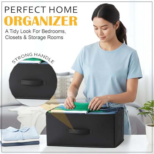Image of GLUN Pack of 1 Black Foldable Storage Organiser Box with Label Holder, Wear & Tear-Resistant Fabric, Water-Resistant Portable Fabric Closet Organisers, Shelf Baskets for Storage