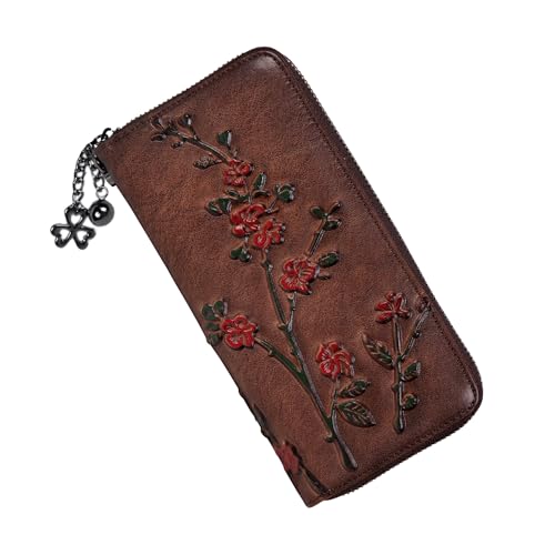 Image of Wallet Genuine Leather for Women - with RFID Blocking Card checkbook ID Slot Large Capacity Vintage style (flower coffee)