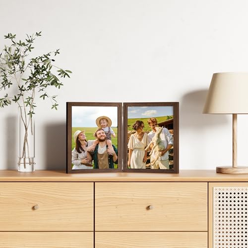 decorUhome Double 8x10 Picture Frame Vertical, Engineered Wood Bifold Photo Frame with Plexiglass for Tabletop Display, 8x10, Brown