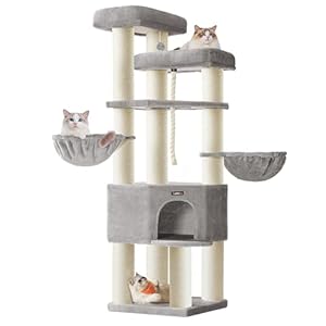 Feandrea Kratzbaum groß, mehrstöckiger Katzenbaum, XXL, 55 x 55 x 186, 7 cm, 11 cm d Dicke Sisalstämme, für große Katzen wie Maine-Coon-Katze, Katzenkratzbaum, Taubengrau-cremeweiß PCT008G01