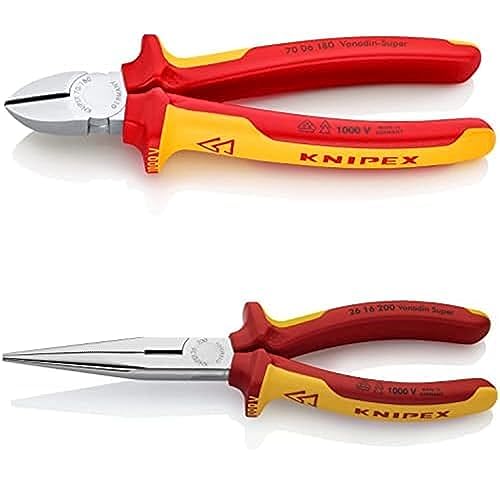 KNIPEX Seitenschneider 180 mm 70 06 180 + KNIPEX Flachrundzange mit Schneide (Storchschnabelzange) 200 mm 26 16 200, beide verchromt, isoliert mit Mehrkomponenten-Hüllen und VDE-geprüft