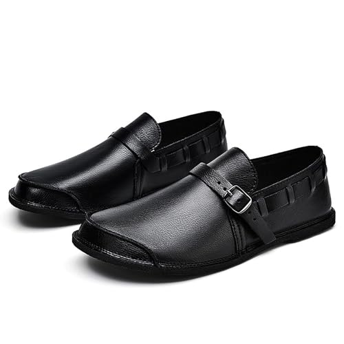 Men's Leather Slip On Flat Loafer,Casual Lightweight Soft Sole Driving Penny Shoes Adjustable Buckle Hand-Made Dress Shoes3