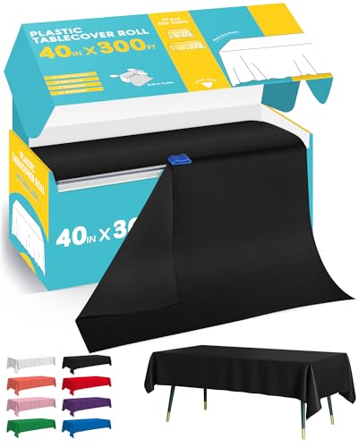 Image of Niuara Black Plastic Table Cover Roll - 40IN x 300FT, Table Cloth for Rectangle Table with Slide Cutter, Plastic Table Cloth Disposable with Cut-to-Size Design for Weddings, Banquets, Parties