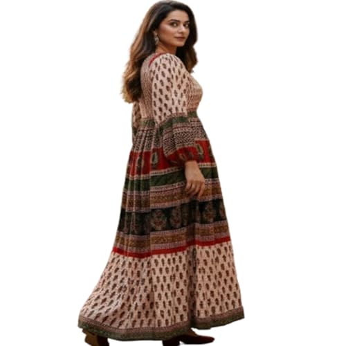 Image of Women's Cotton Dress Jaipuri Sanganeri Print Midi Long Dress Printed Fit and Flare Maxi Dress A-Line Gown Dress Maxi Skirt, Mandala (Free Size)