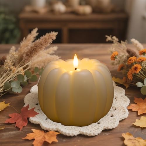 Image of Fall Flameless Candles with Remote, Real Wax Pumpkin Shaped Candle | Flickering Ivory Battery Operated Candles, Remote Included, For Autumn, Harvest, Thanksgiving, Halloween, Home, Party Decor