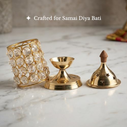 Image of Shubhkart Nitya Crystal Deep Brass Diya | Crystal Oil Lamp Diyas | Brass Table Deepak Oil Lamp Medium Size Akhand Jyoti for Home Temple Diwali Home Decoration (6 Inch Height, 3 Inch Length) - 234 GMS