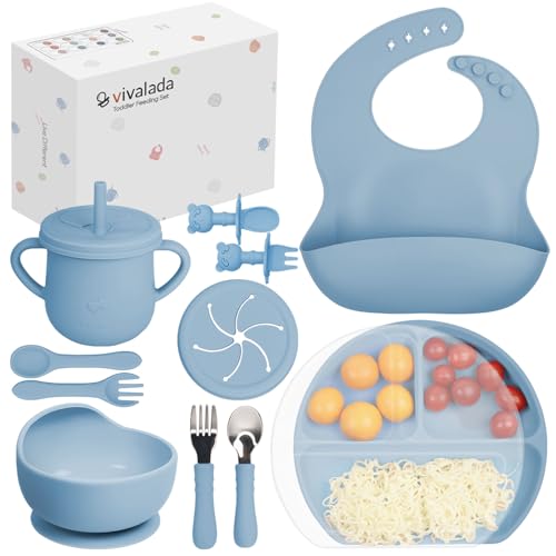 Image of Vivalada Silicone Baby Feeding Set - 12PCS Baby Led Weaning Supplies, Suction Plate with Lid and Bowl, Self Feeding Spoons Forks Sippy Cup and Bib, Eating Set 6+ Months (Blue)