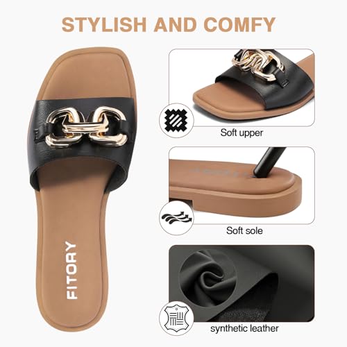 Image of FITORY Women's Flat Sandals Fashion Slides With Soft Leather Slippers for Summer Size 6-11