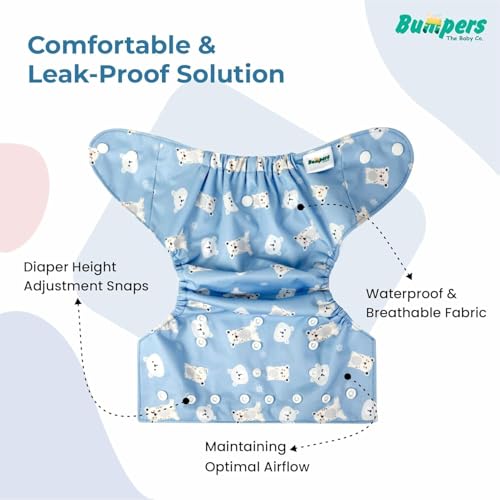 Image of Bumpers Premium & Ultra Soft Reusable Cloth Diaper with Insert Pad | Extra Absorbant, Washable, Waterproof & Adjustable Cloth Diaper for Babies /Kids, 3M-3Years (Pack of 1, Free Size, Sea Blue)