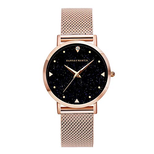 Zwini - Reloj de pulsera para mujer, resistente al agua, 3 ATM, de cuarzo, con correa de malla de acero inoxidable de oro rosa, a la moda, con elegante esfera azul de cielo estrellado, pulser