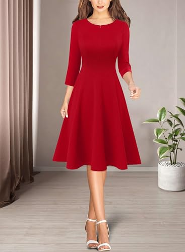 Image of VFSHOW Womens Work Business Front Zipper A-Line Dresses 3 /4 Sleeve Office Church Fit and Flare Skater Swing Knee Length Dress